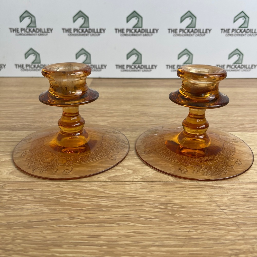 Vintage Amber Depression Glass Etched Floral Candlestick Holders Set of 2 3.5in
